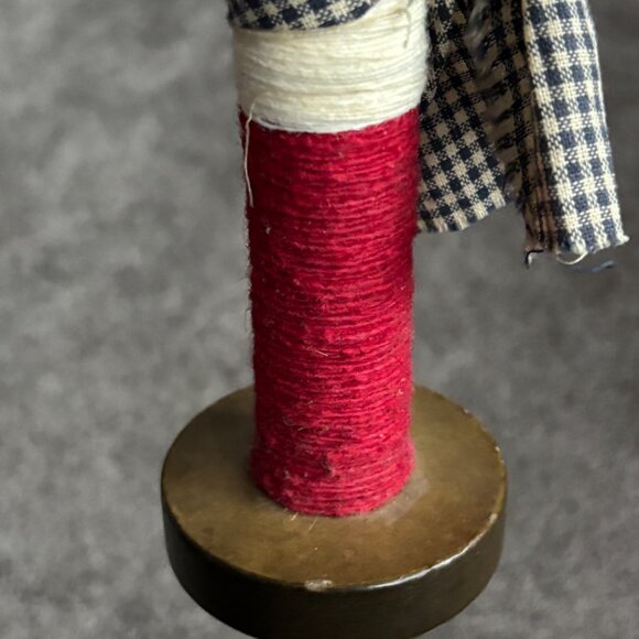 Ole Wooden Thread Spool Rustic Country Charm Candlestick Gingham Red White Blue - Picture 6 of 7